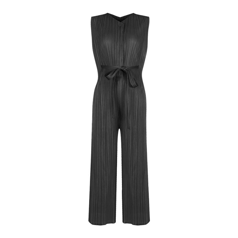 Waist Pleated Jumpsuit Solid Color Sleeveless Slim Wide Leg Slimming Jumpsuit Women