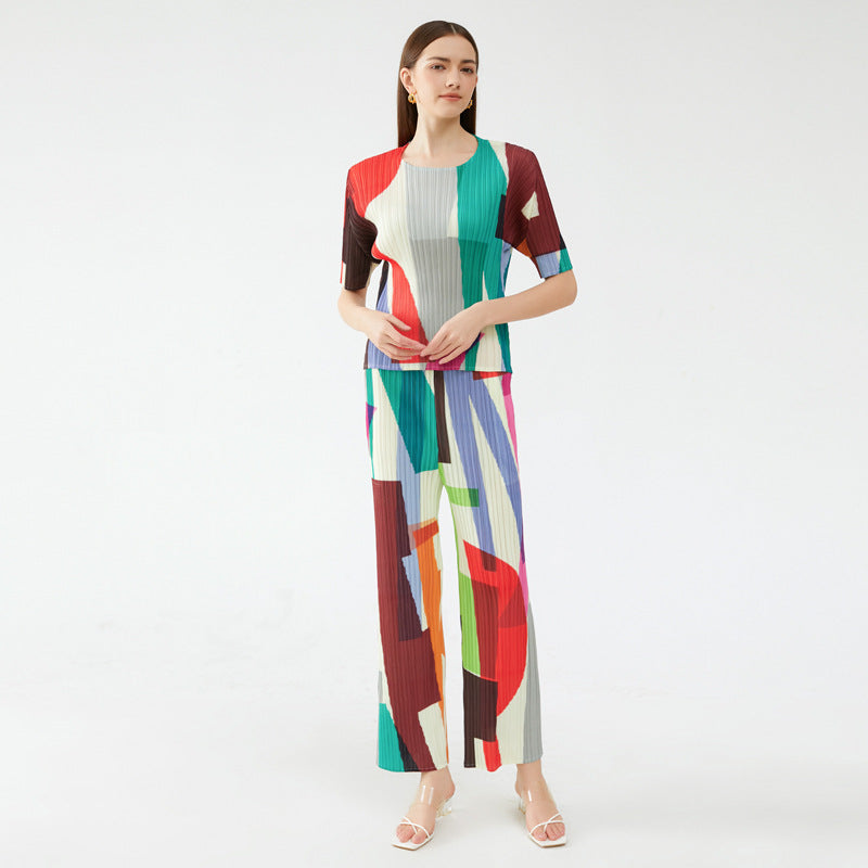 Suit Geometric round Neck Short Sleeve Top Versatile Waist Straight Casual Pants Two-Piece Set