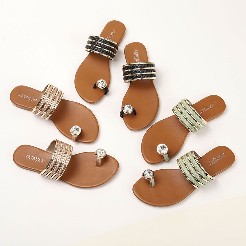 Women's Roman Sandals with Buckle Drill Buckle Fashionable and Comfortable Woven Women's Shoes