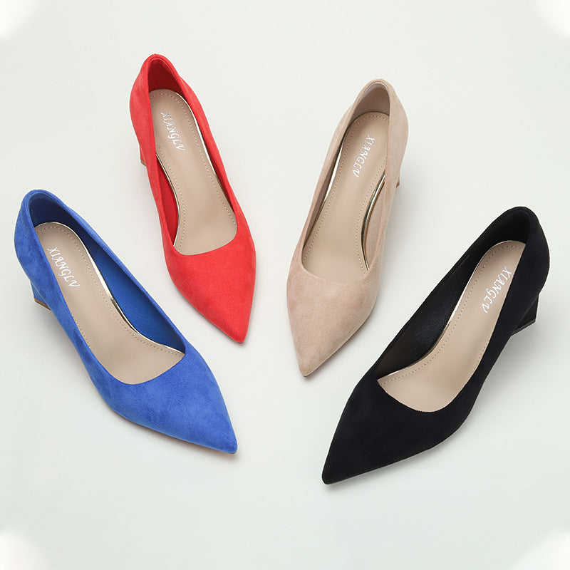 Women's French Heel Shoes Pointed Toe Suede Lady Temperament Socialite Pumps