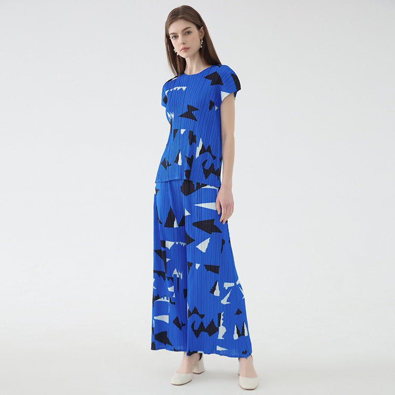 Square Printing Suit round Neck Short Sleeve Loose Top Wide Leg Pants Casual Two-Piece Suit