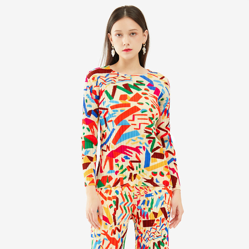 Suit Women Wholesale Printed Long-Sleeved Top Straight-Leg Trousers Two-Piece Set Women