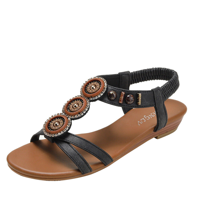 Ethnic Wedge Sandals Summer Bohemian Beaded Beach Shoes Non-Slip Roman Shoes