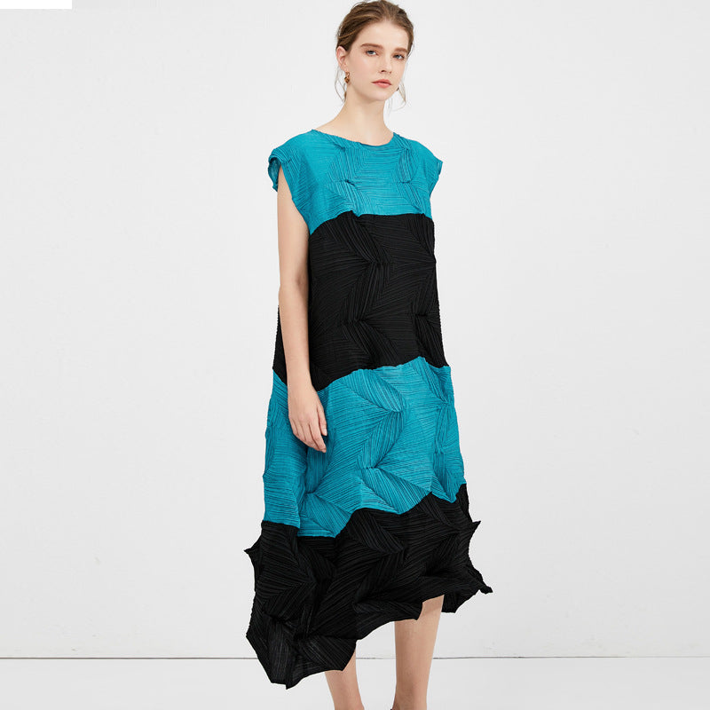 Stitching Contrasting-Color Dress Women's Summer Pleated Sleeveless Waist Pleated Skirt