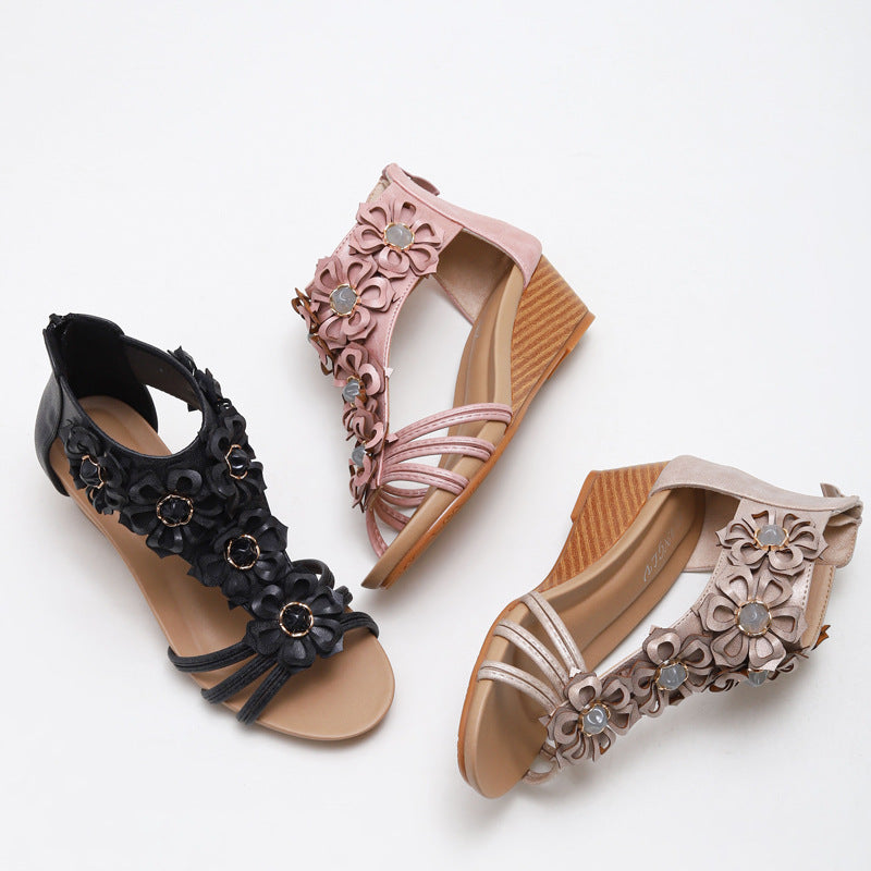 Ethnic Retro Sandals Women's Seaside Holiday Flowers Bohemia Wedge Roman Shoes