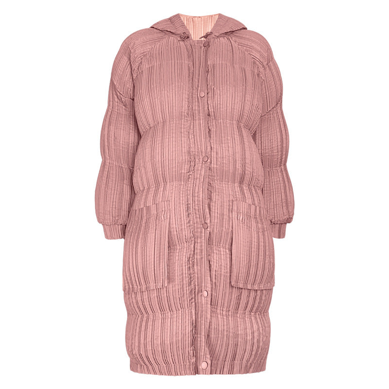 Winter Long Thickened down Cotton Hoodie Padded Coat Women's Slimming and Warm Pleated Cotton Jacket Women