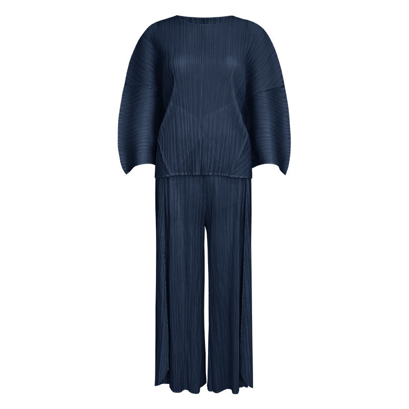 Solid Color Casual Loose Outfit Thin Bell Sleeve Top Wide Leg Wide Leg Pants Two-Piece Set for Women