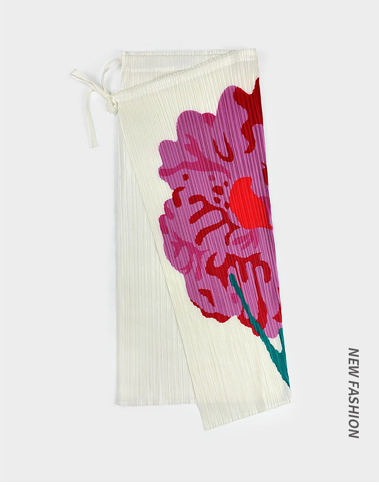 Women's A- line Skirt Mid-Length Lace-up Design Waist Printed Red Flower Skirt