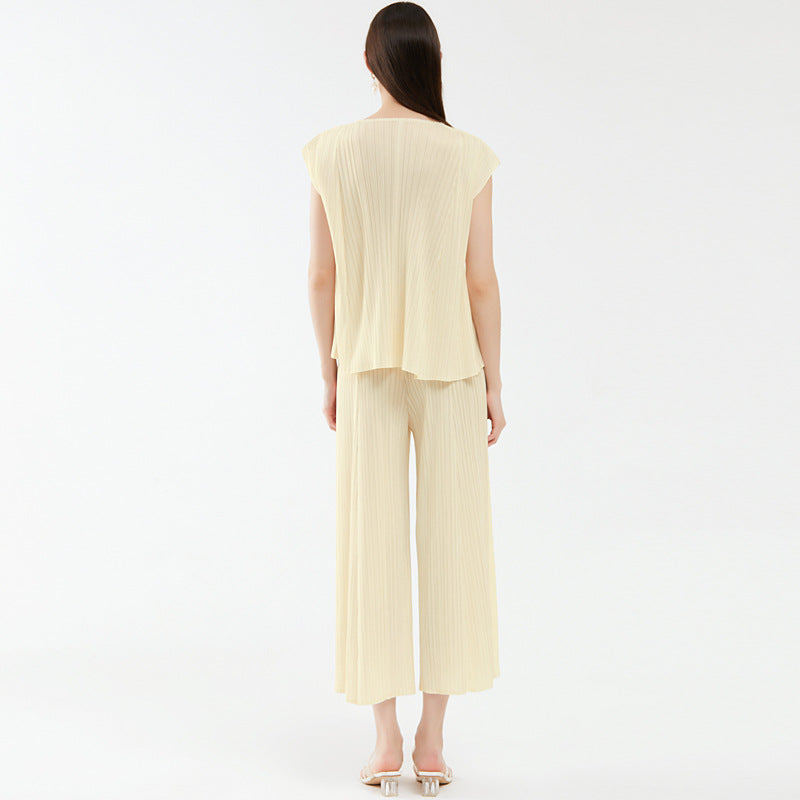 V-neck Top Loose Slimming Wide Leg Pants Suit Casual Two-Piece Suit