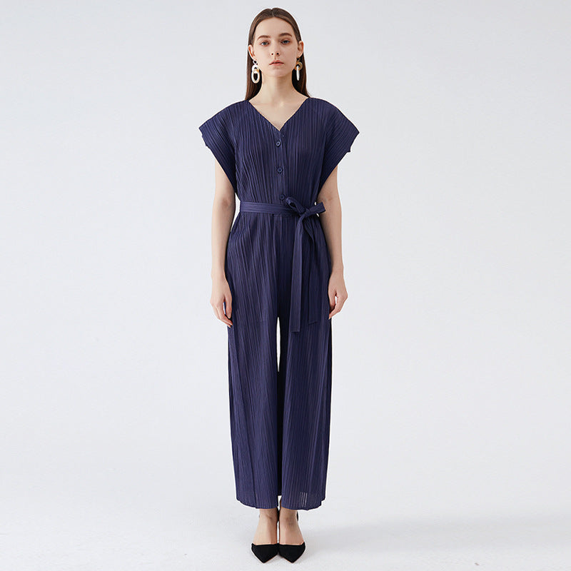 V-neck One-Piece Waist of Trousers Wide Leg Strap Loose Slimming Slim Fit Women's Casual Pants