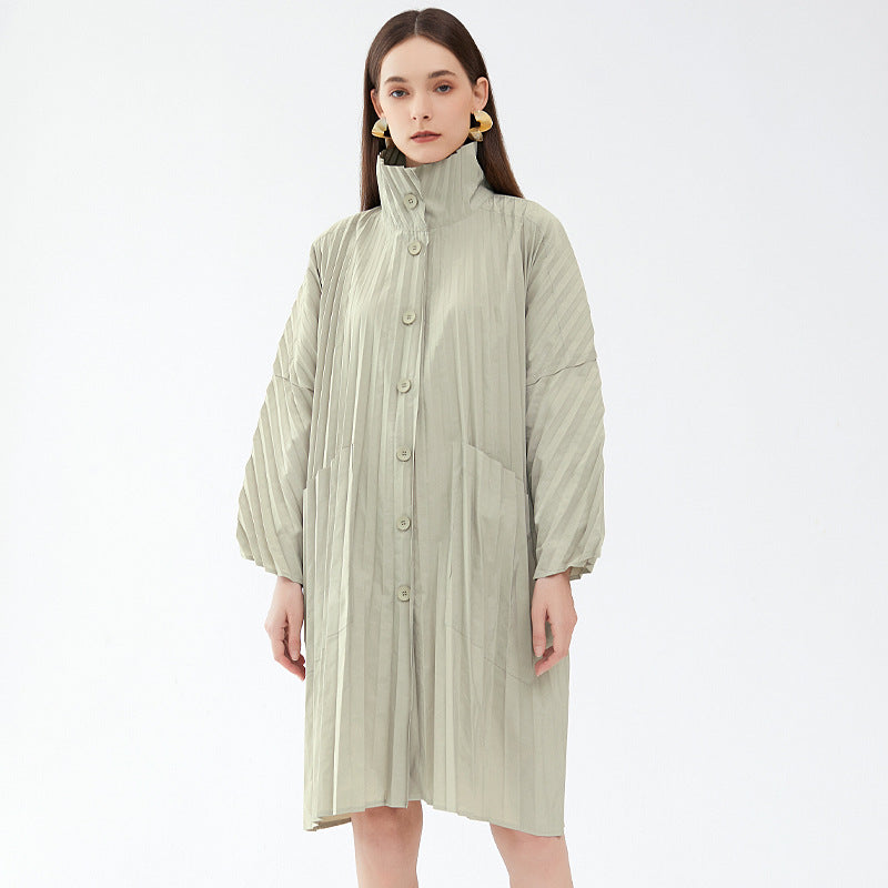 Trench Coat Women's Single-Breasted Solid Color Pleated Texture Trench Coat Women's Mid-Length Coat Fashion