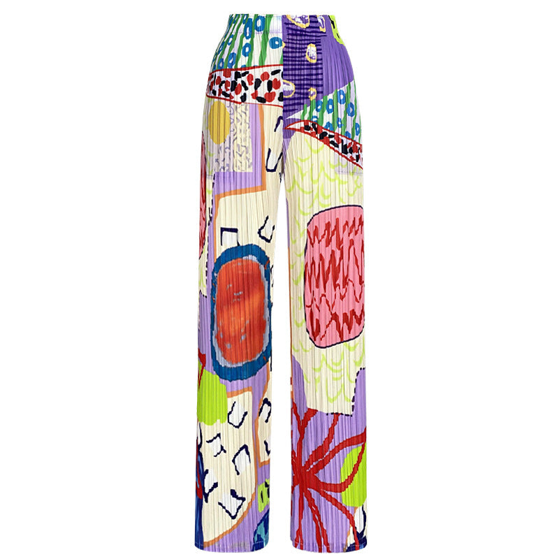 Temperament Printed Waist Pleated Baggy Straight Trousers Casual Pants Trousers for Women