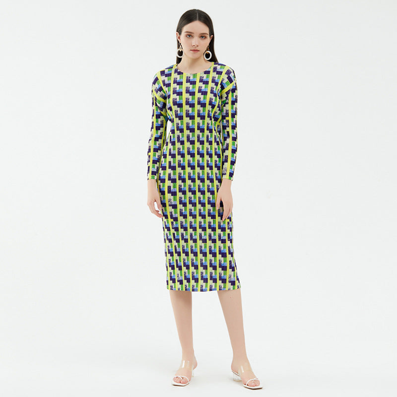 Skirt Niche Houndstooth Printed Long Sleeve Design Sense Dress Women