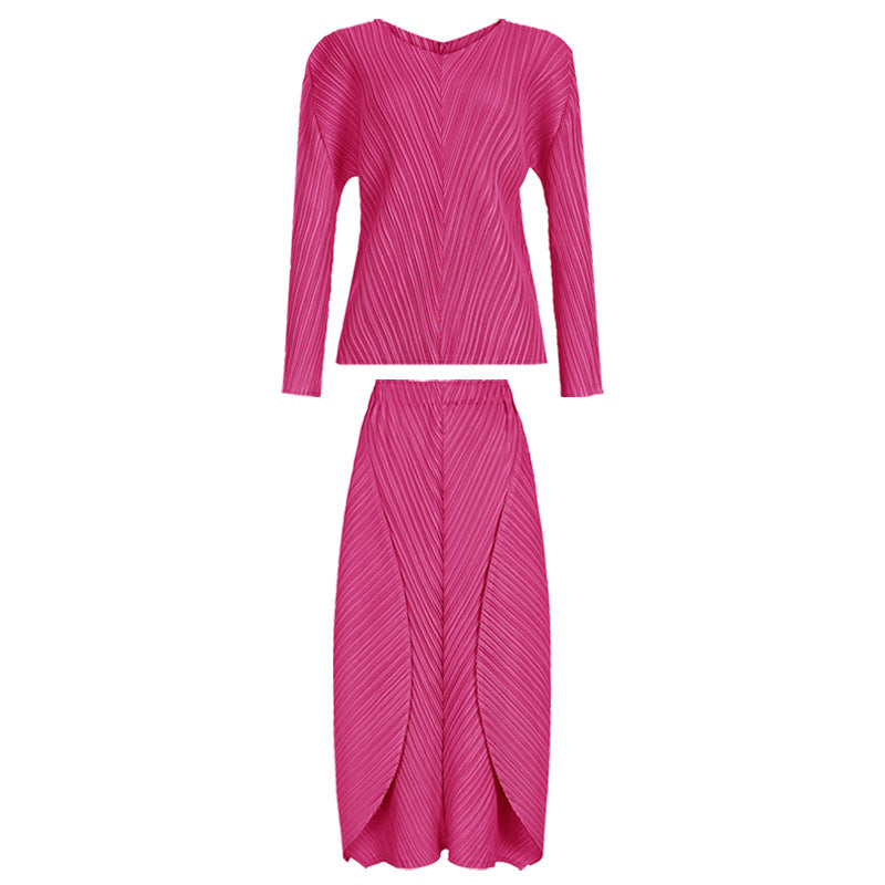 Solid Color Basic Two-Piece Suit Big Hem Skirt Long Sleeve V-neck Top