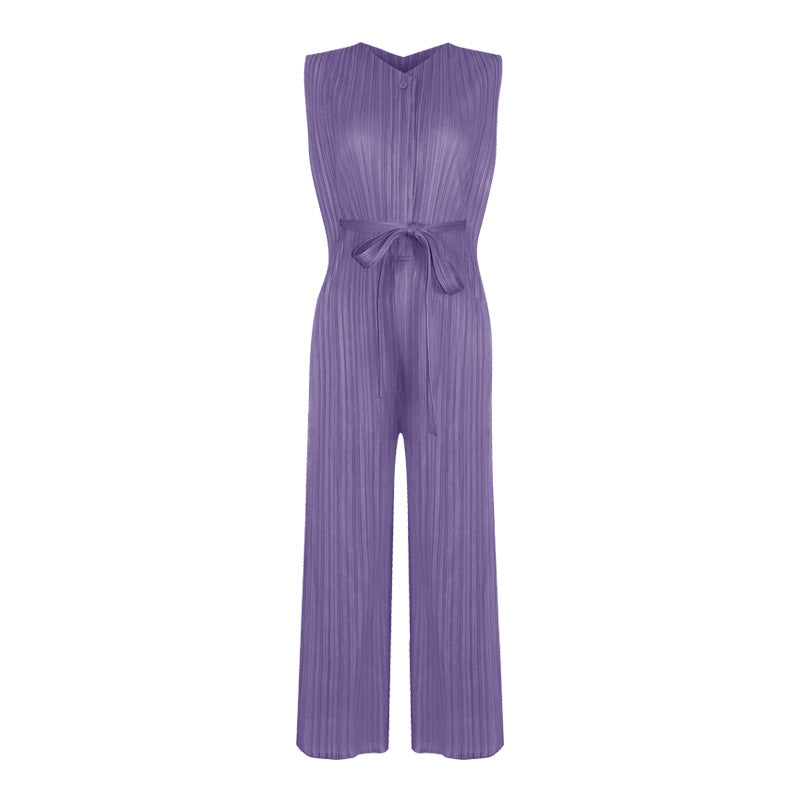 Waist Pleated Jumpsuit Solid Color Sleeveless Slim Wide Leg Slimming Jumpsuit Women