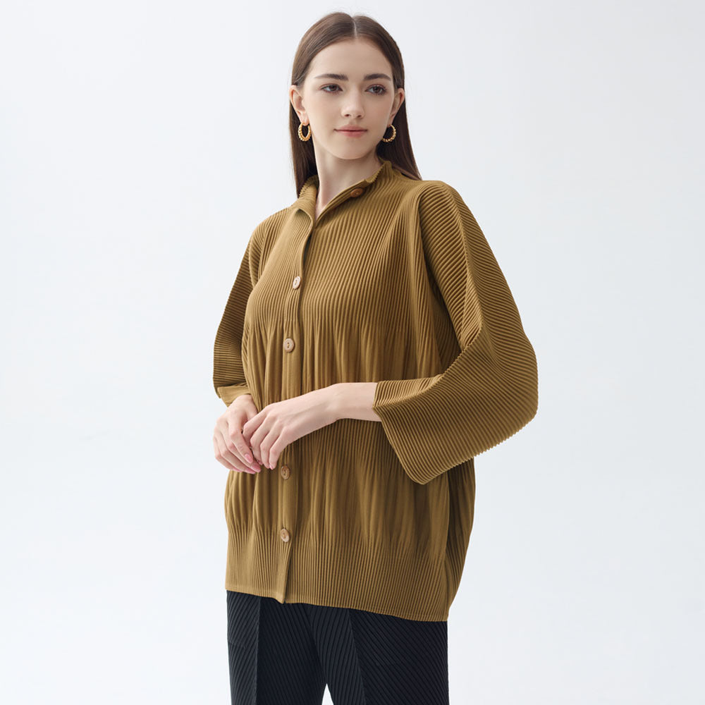 Thickened Single-Breasted Shirt Women's Solid Color Pleated Loose Casual Style Outer Long-Sleeves Top