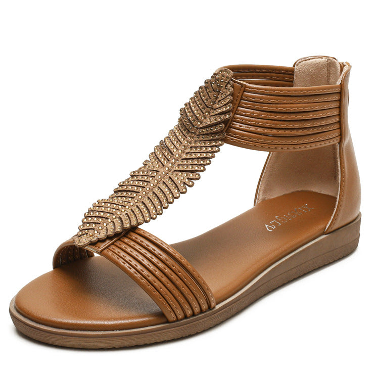 Bohemian Roman Sandals Women's Flat Bottom Comfort Soft Bottom Mid Heel plus Size 40-42 Women's Shoes