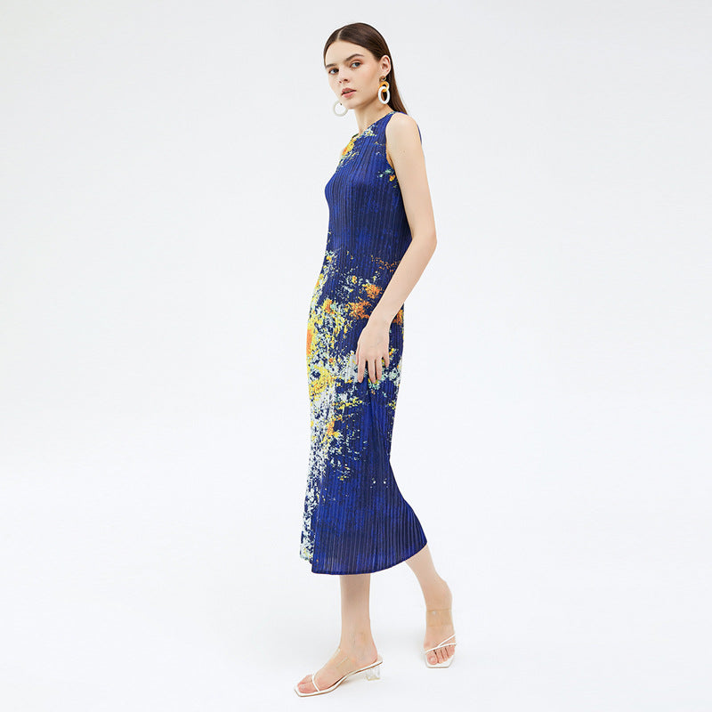 Sleeveless Long Vest Skirt Slim Fit Waist-Slimming Dress Women Printed Starry Sky Dress Women