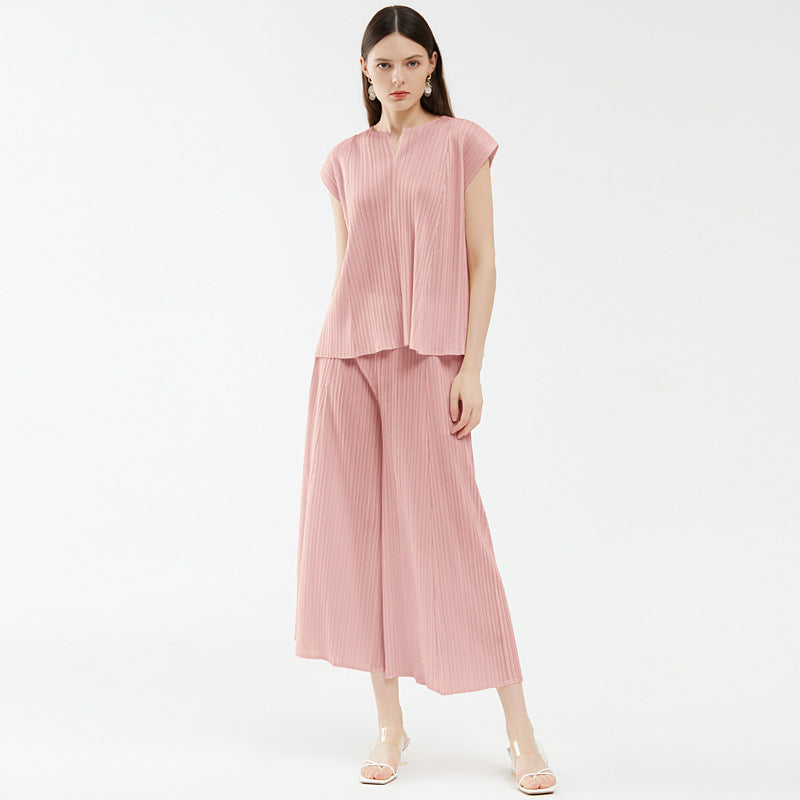 V-neck Top Loose Slimming Wide Leg Pants Suit Casual Two-Piece Suit