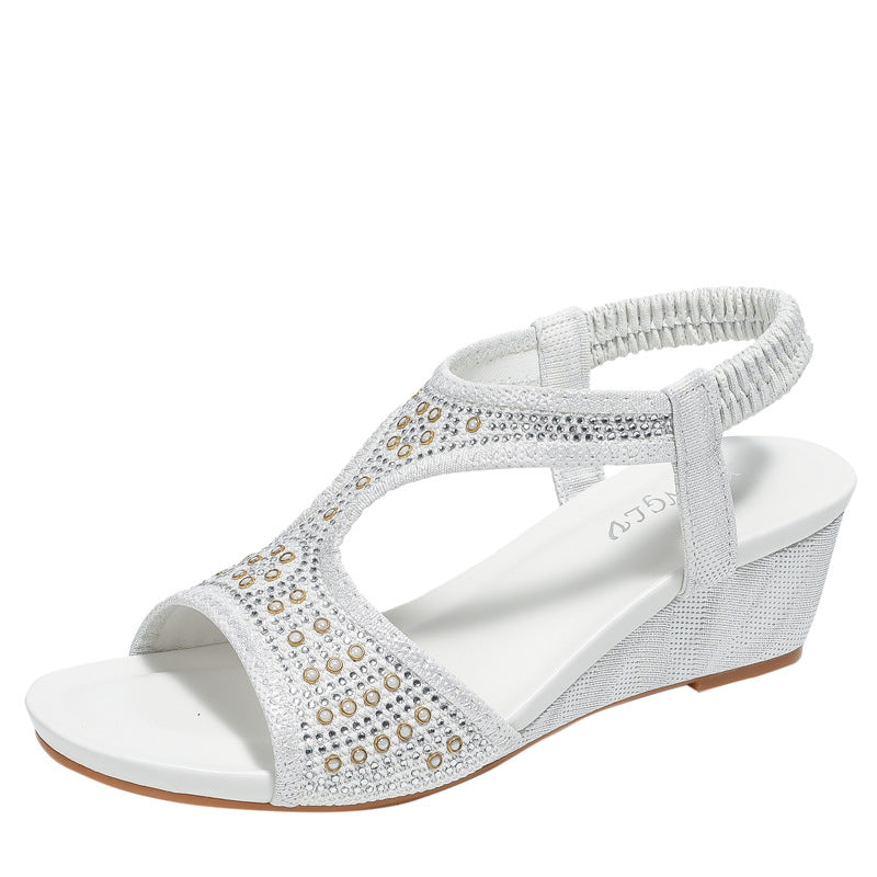 Roman Fashion Women's Sandals Mid Heel Elastic Rhinestone Wedge Sandals