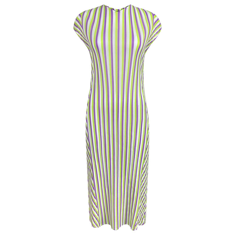 Striped round Neck Sleeveless Pleated Dress Age-Reducing Sleeve Long Slim Fit Straight Skirt