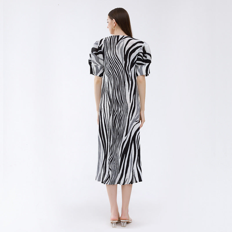 Zebra Pattern Loose Slimming Cute Youth-Looking Lantern Sleeve Dress Women