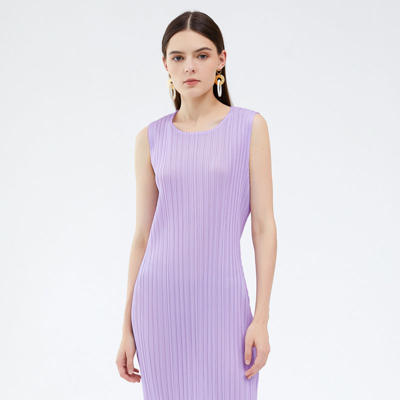 Simple Elegant round Neck Sleeveless Dress Women Mid-Length Vest Skirt