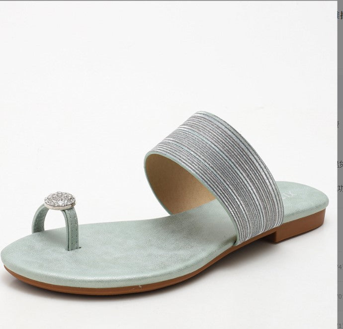 Flat Sandals Women's Comfortable Soft Bottom Rhinestone Slippers Outer Wear Fashion Lazybones Beach Slippers plus Size