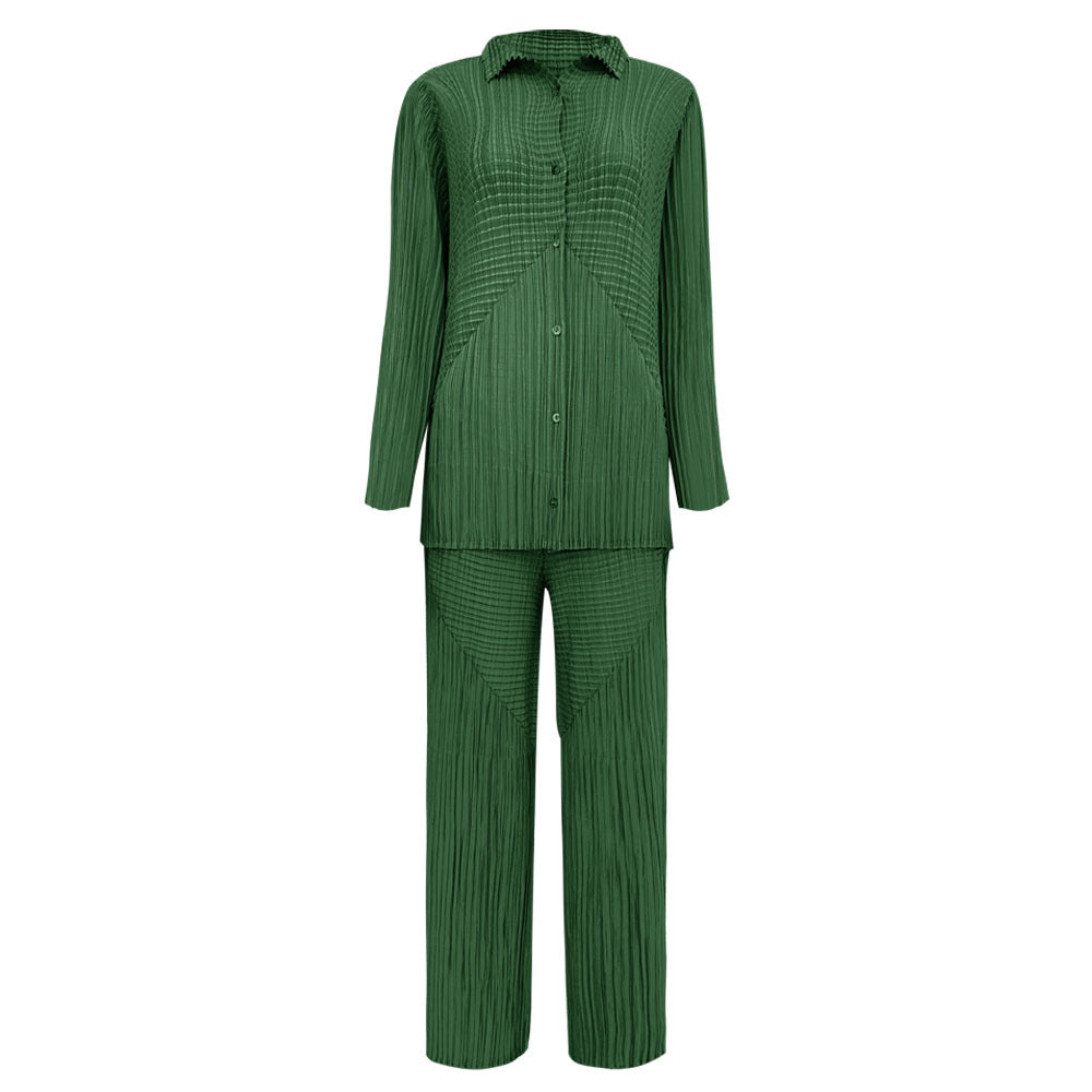 Two-Piece Solid Color Long Sleeve Pleated Shirt Casual Straight Pants Suit Women