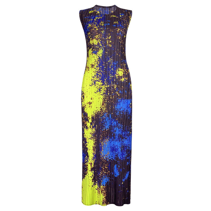 Slimming Starry Sky Printed Dress Women's Sleeveless Elegant Mid-Length A- line Skirt