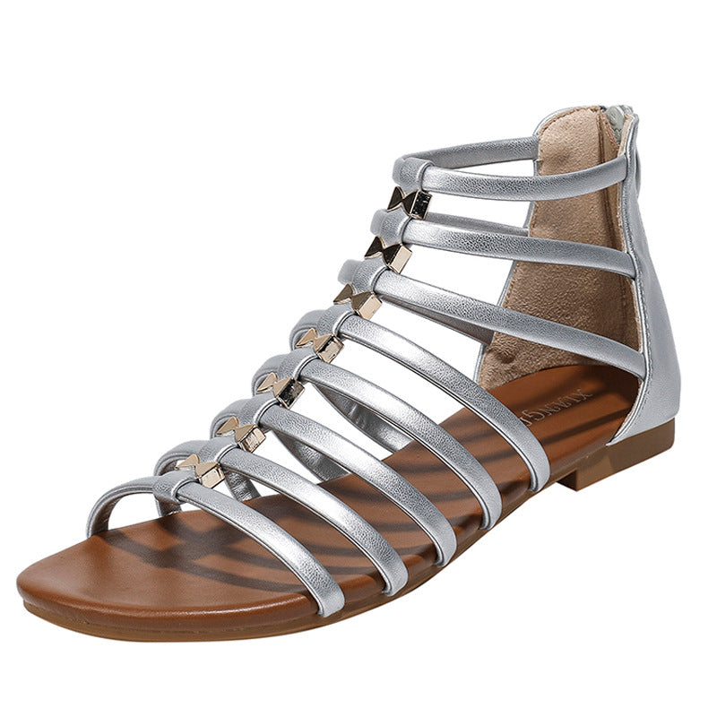 Women's Sandals Simple Summer Seaside Holiday Retro Flat Bottom Back Zipper Ethnic Bohemian Roman Shoes