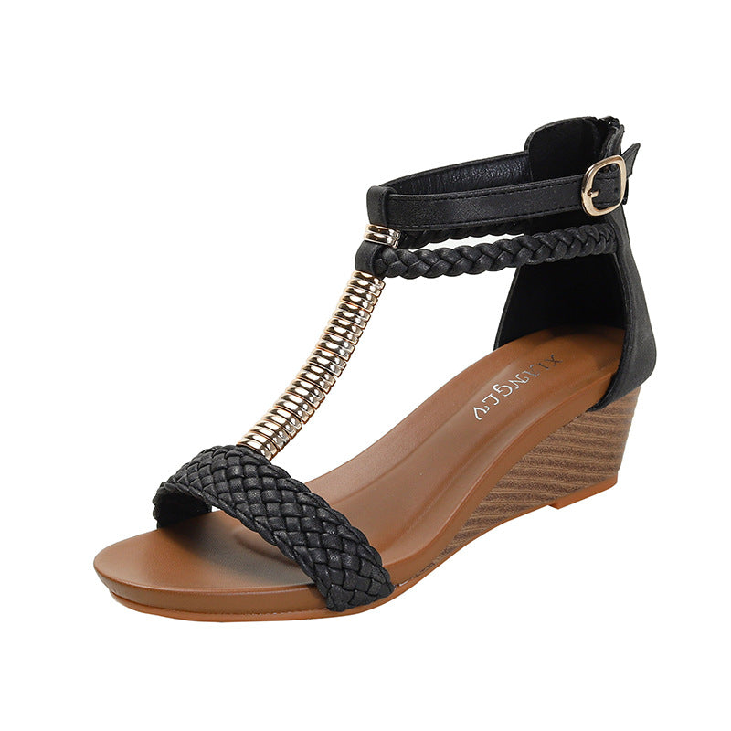 Wedge Sandals Women's Woven Mid Heel Back Zipper Roman Sandals