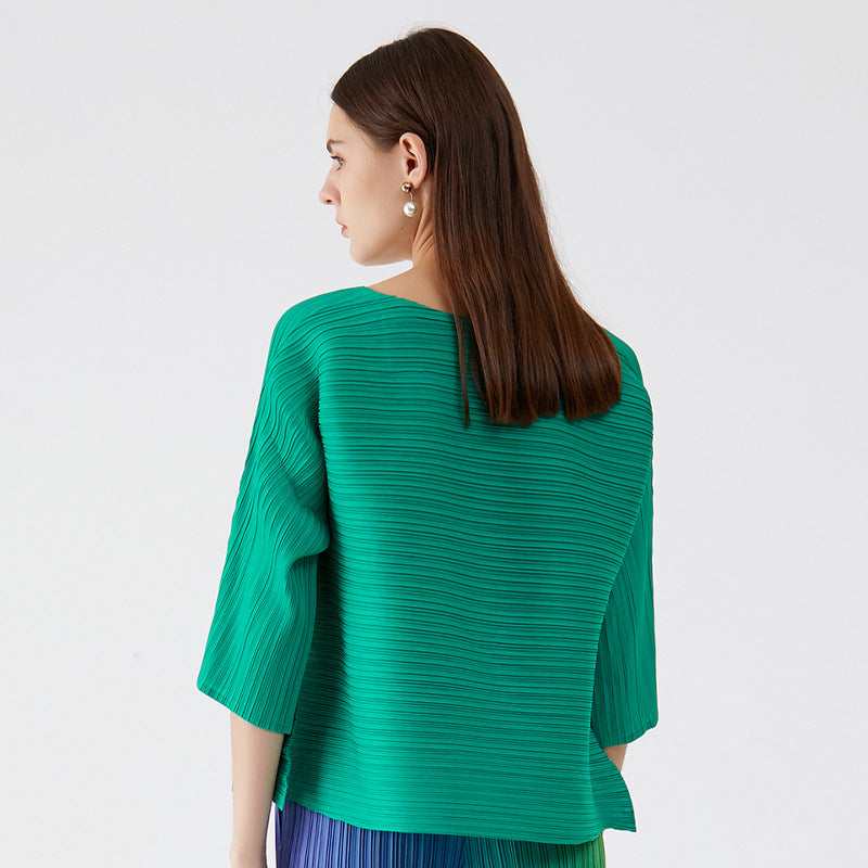 South Korea Solid Color Pleated Casual Square Collar Design Three-Quarter-Length-Sleeved T-shirt Loose Comfortable Top Women