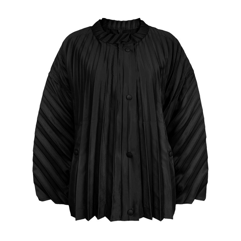 Three-Dimensional Pleated Trench Coat Casual Long Sleeve Coat Women's Common Style Loose Stand Collar Coat