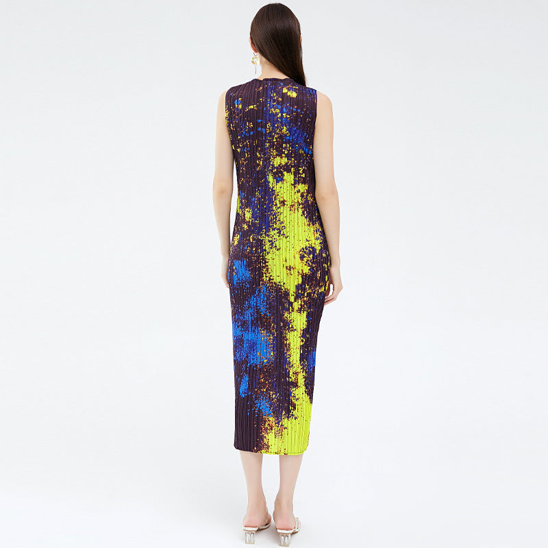 Slimming Starry Sky Printed Dress Women's Sleeveless Elegant Mid-Length A- line Skirt