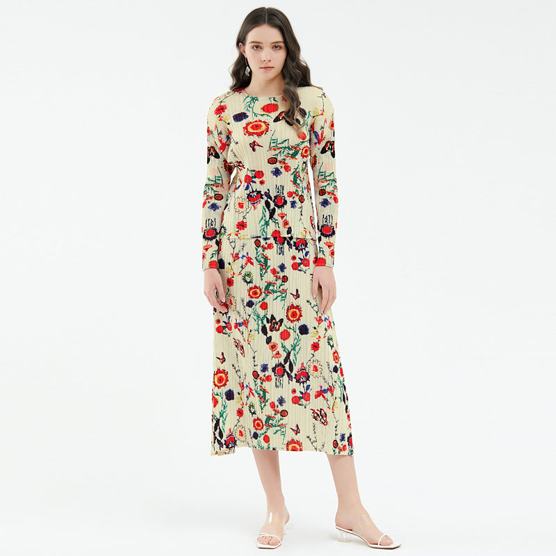 Suit round Neck All-Matching Top A- line Floral Skirt Two-Piece Set for Women