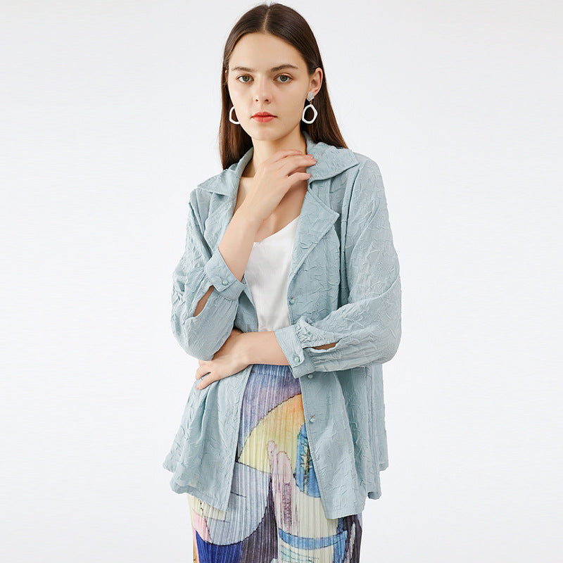 Women's Shirt Pleated Breasted Coat Solid Color plus Size Slimming Elastic Thin Cardigan Top Women