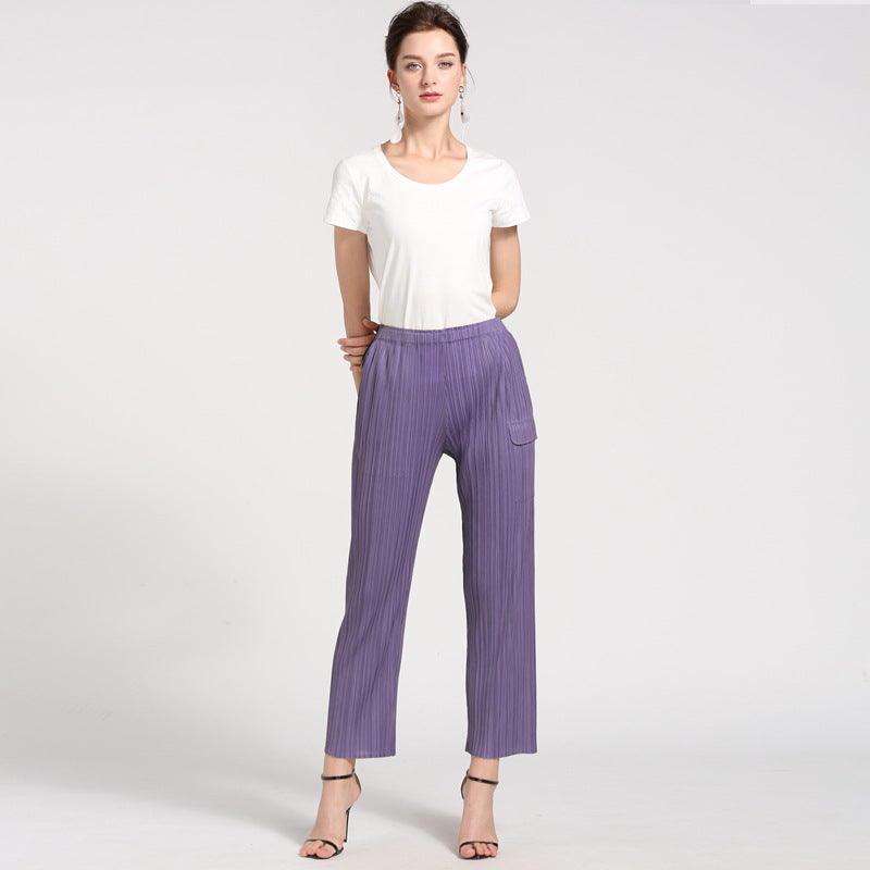 Women's Straight Mid-Waist Pleated All-Match Casual Pants