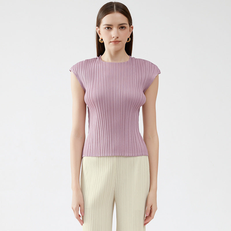 Solid Color Pleated Small Sleeve round Neck Slim Vest Bottoming Shirt Casual Temperament Basic Top