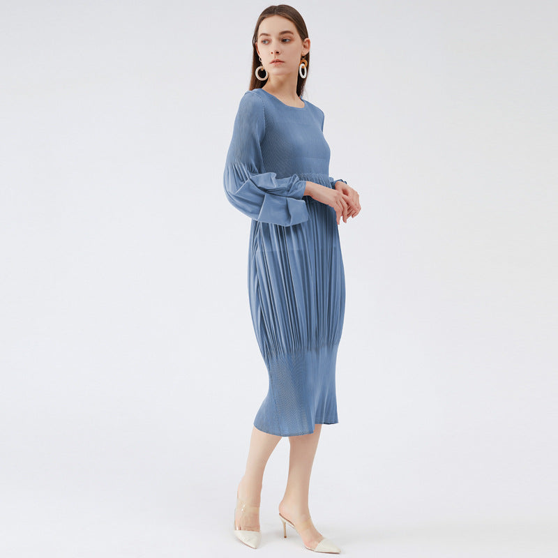 Simple Design Girlish Style Fresh Sweet Pleated Puff Sleeve Lantern Dress Jumpsuit Midi Dress for Women