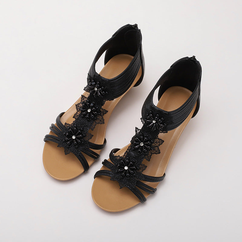 Fashion Retro Handmade Flowers Roman Shoes Bohemian Vacation Wedge Women's Sandals