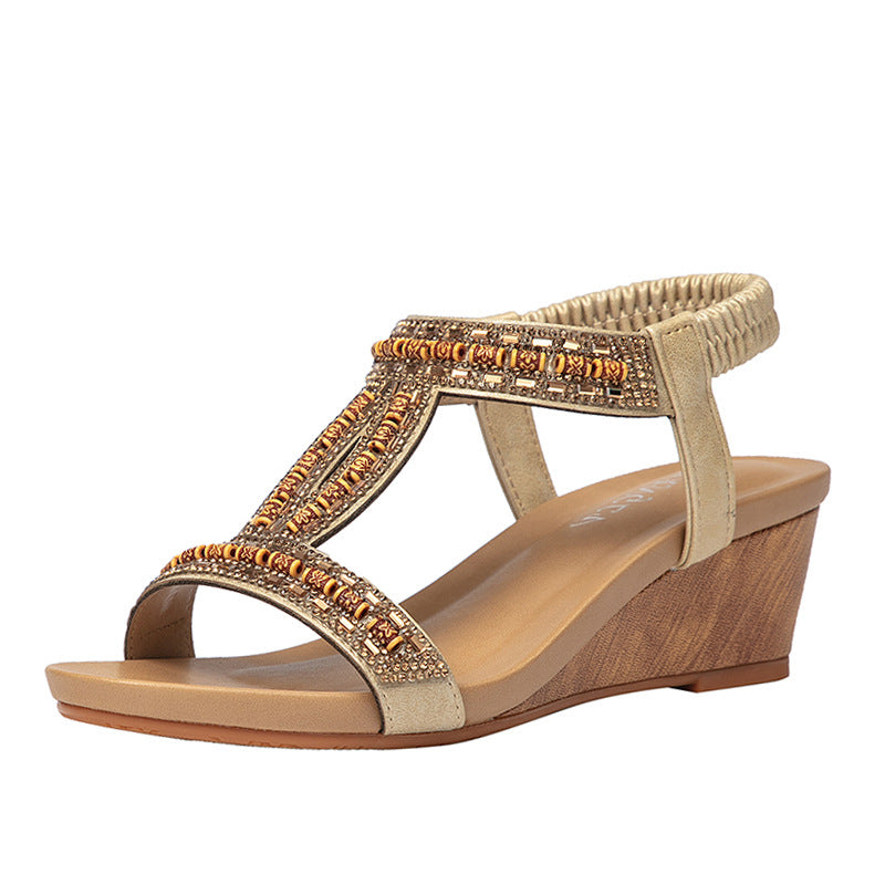 Ethnic Wedge Sandals Women's Rhinestone Travel Sandals Bohemian Heel Shoes