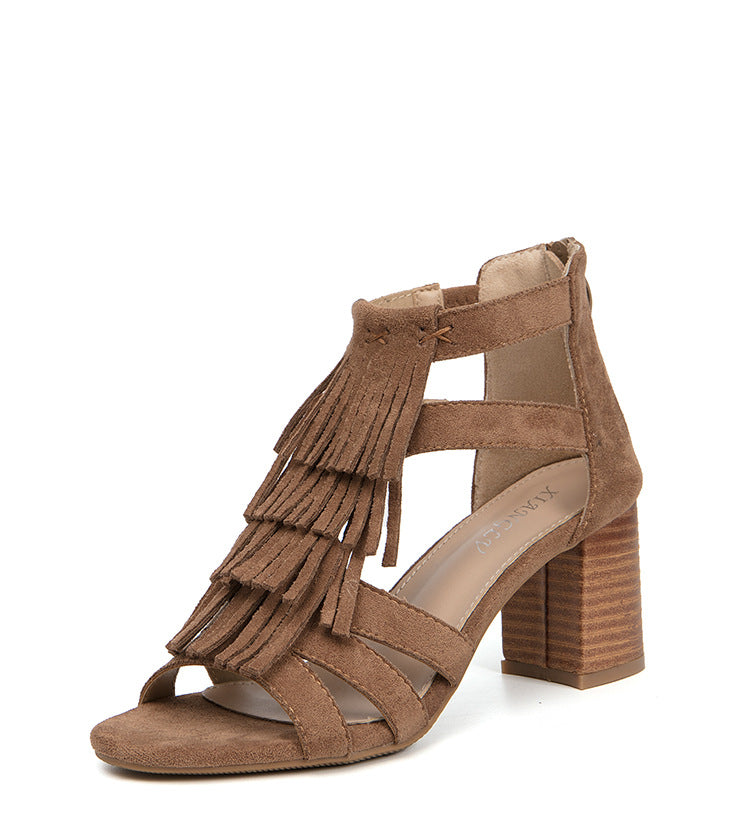 Chunky Heel Sandals Women's Tassel Sandal Boots Fashion Back Zipper Heel Peep Toe Roman Shoes