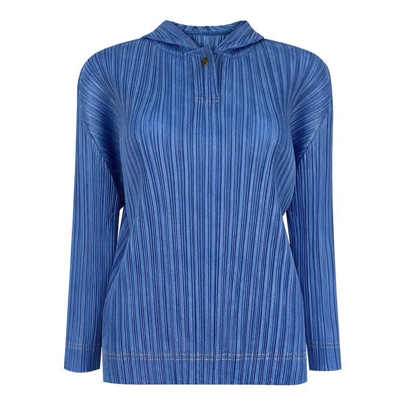 Solid Color BASIC Pleated T-shirt Long Sleeve Casual Top Design Hooded Sweater for Women