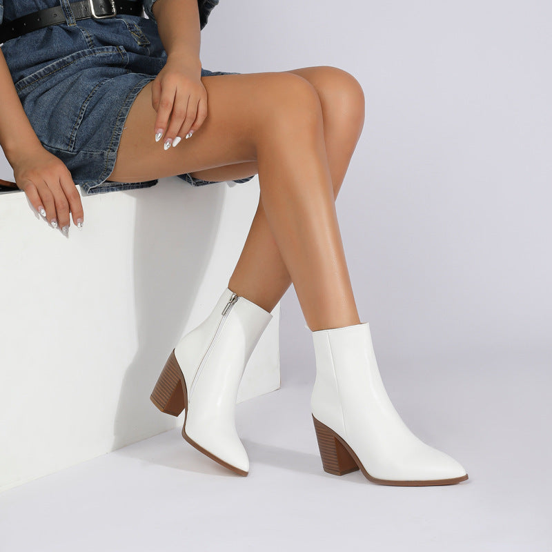 Pointed Toe Chunky Heel Martin Boots Women's Autumn and Winter Heel Side Zipper White Women's Boots