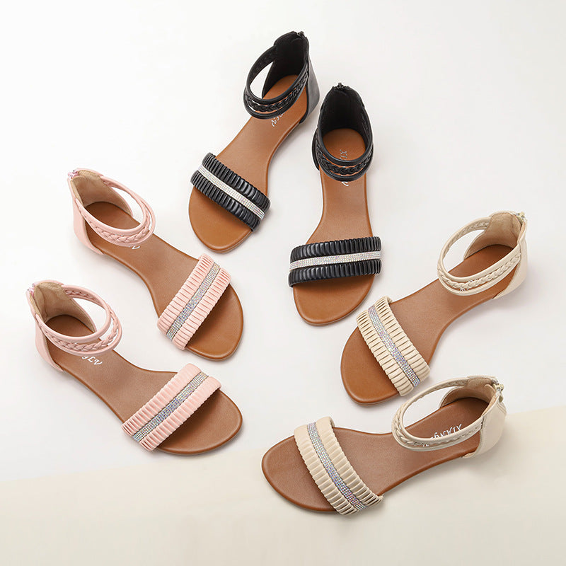 Women's Wedge Sandals round Toe Rhinestone Roman Sandals