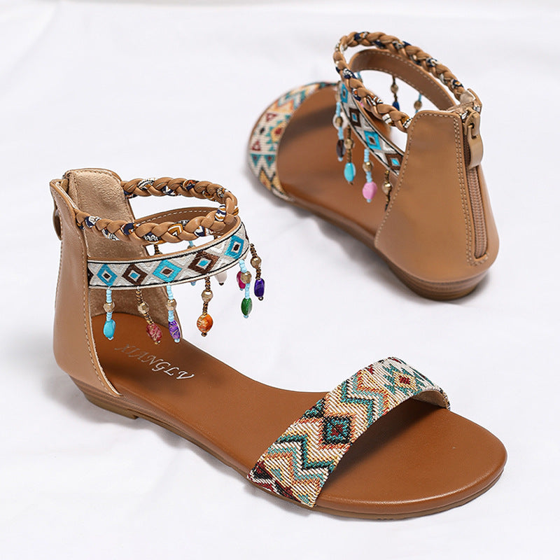 Ethnic Roman Sandals Handmade Beaded Back Zipper Ethnic Bohemian Flat Shoes