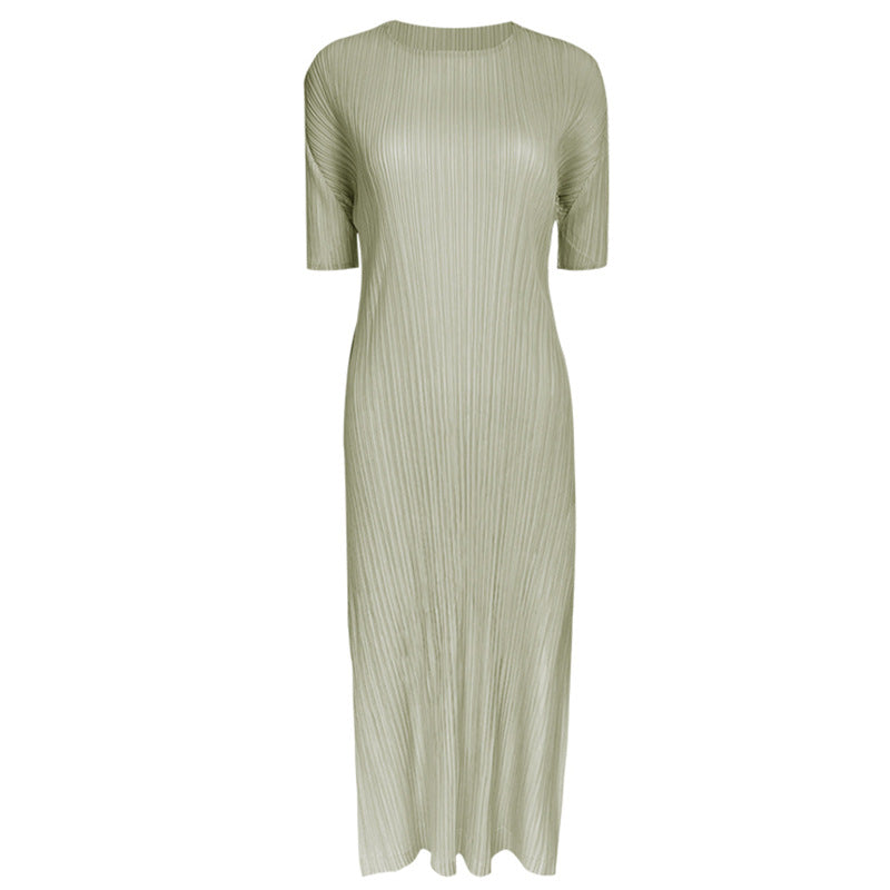 Solid Color Short Sleeve Slim Fit Dress Women's Mid-Length Simple Bottoming Pleated A- line Skirt