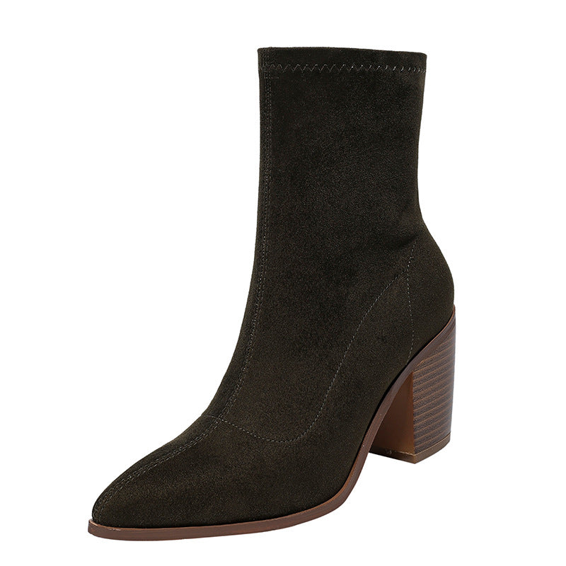 Suede Pointed Toe Chunky Heel Booties Women's Retro Elegant Side Zipper Heel