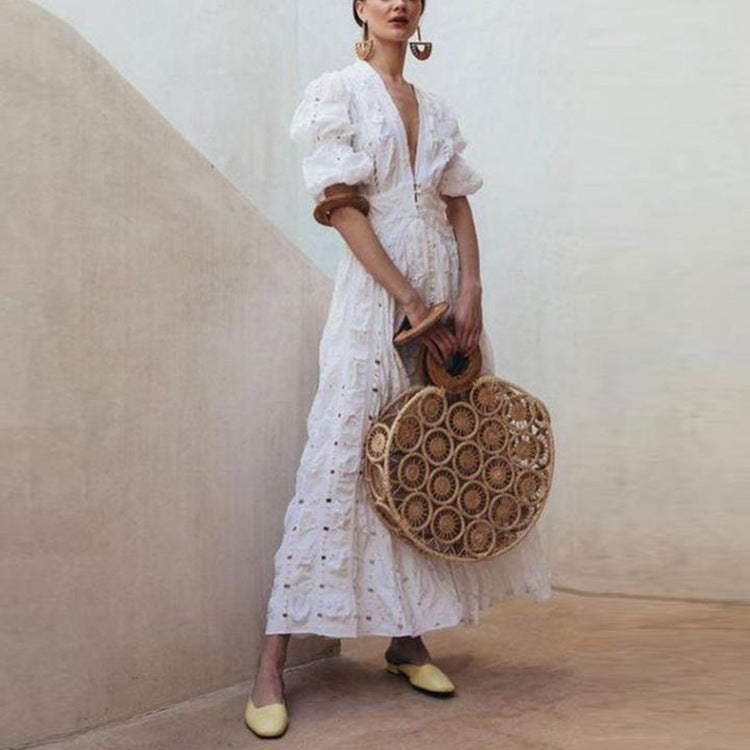 Deep V Puff Sleeve Lace Dress Hollow out Slim Fit Long Dress